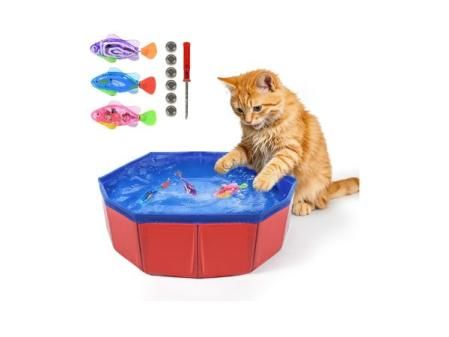 Piscina para gatos con juguetes de peces