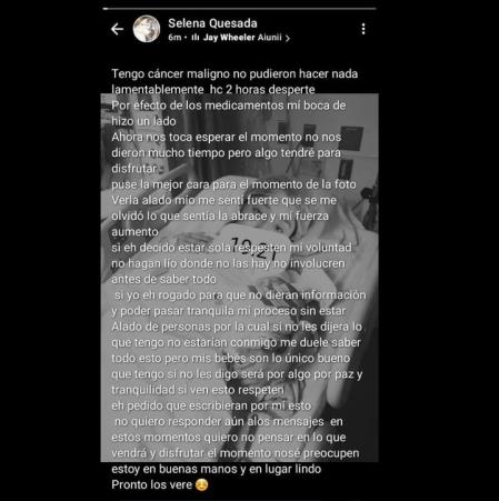 El mensaje en redes de Quesada, compartido por una familiar, en el que pide a su entorno que mantenga distancia