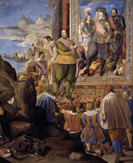 ‘La recuperación de Bahía de Todos los Santos’, Juan Bautista Maíno. Fadrique Álvarez de Toledo muestra un tapiz con Felipe IV y Olivares ante unos holandeses arrodillados