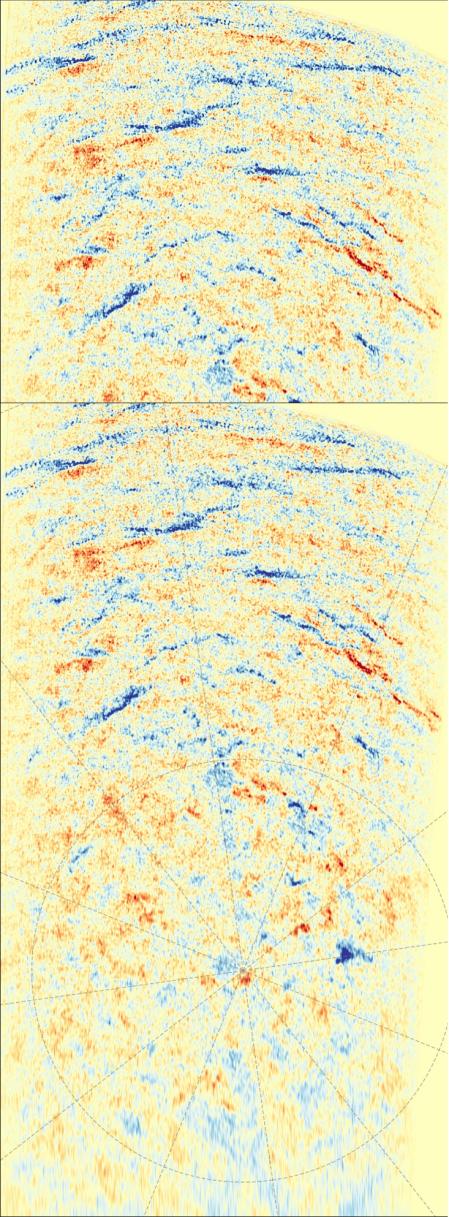 Representación del campo magnético medido por la Solar Orbiter en el polo sur solar (azul y rojo indican polaridades opuestas)