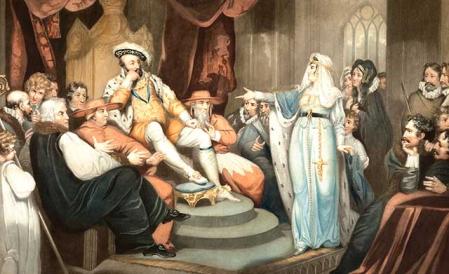 Catalina de Aragón defendiendo su causa ante el rey Enrique VIII. Mezzotinta coloreada de W. Ward, 1802, según R. Westall. /