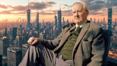 JRR Tolkien con una ciudad futurista imaginada en su fondo.&nbsp;