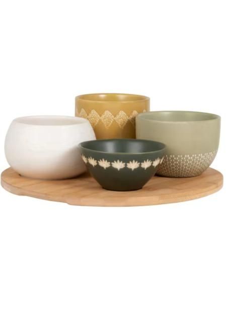 Cuencos de aperitivo de cerámica amarillo, verde y blanco con bandeja de bambú MYRIAM