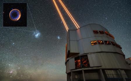 En esta composición, se muestra la ubicación de SNR 0509-67.5, a 160.000 años luz de distancia de la Tierra y en la Gran Nube de Magallanes.