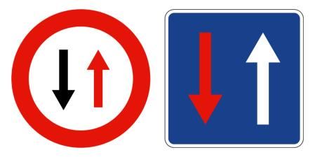 La señal R-5 (izquierda) indica que debes ceder el paso en un estrechamiento, mientras que la R-6 (derecha) te otorga la prioridad en la misma situación.