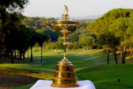 GIRONA, SPAIN - JUNE 27: The Ryder Cup on display at Camiral Golf & Wellness on June 27, 2025 in Girona, Spain. Camiral Golf & Wellness will host the 2031 Ryder Cup. (Photo by Phil Inglis/Getty Images)