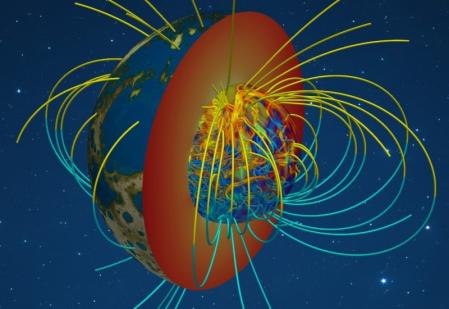 Una vista del interior de la Tierra hace alrededor de mil millones de años: las líneas del campo magnético enredadas dentro del núcleo están vinculadas con el campo magnético exterior de la Tierra.