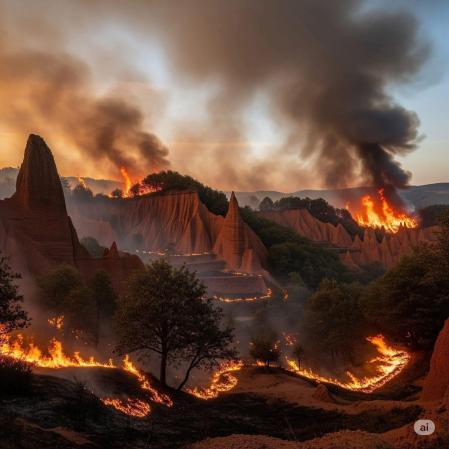 Imagen creada por IA que muestra un paisaje rocoso envuelto en llamas y que se utilizó para dramatizar sobre el incendio que la semana pasada afectó a Las Médulas (León)