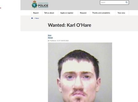 El anuncio de la policía de Meryside, publicado en septiembre de 2025, en el que se anuncia que se ha reactivado la búsqueda del fugitivo