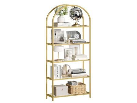 VASAGLE Estantería de 5 Niveles, Estantería de Vidrio Templado, Diseño Arqueado, Marco de Acero, para Salón, Dormitorio, Estudio, Baño, Dorado y Transparente