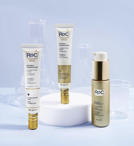 Wrinkle Correct de RoC® Skincare: Retinol Correxion ® Wrinkle Correct Sérum (44,90 euros), Retinol Correxion ® Wrinkle Correct Hidratante Dia SPF30 (44,90 euros) y Retinol Correxion ® Wrinkle Correct Crema De Noche (44,90 euros)