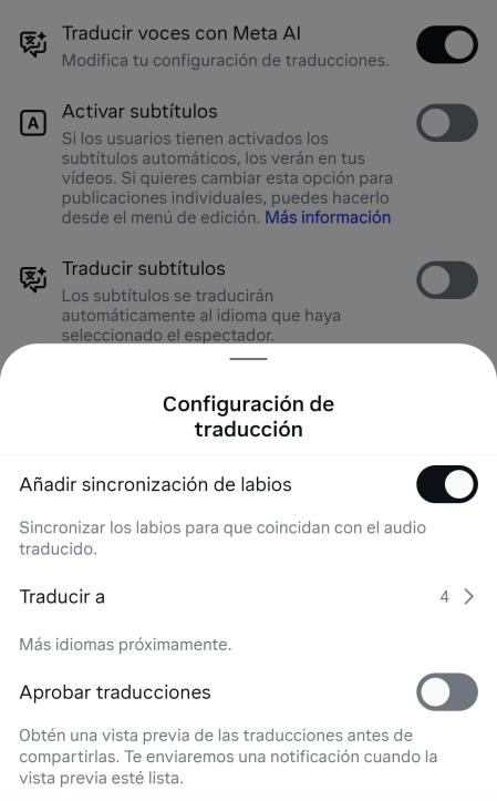 Opciones adicionales de configuración para el doblaje automático en Instagram.