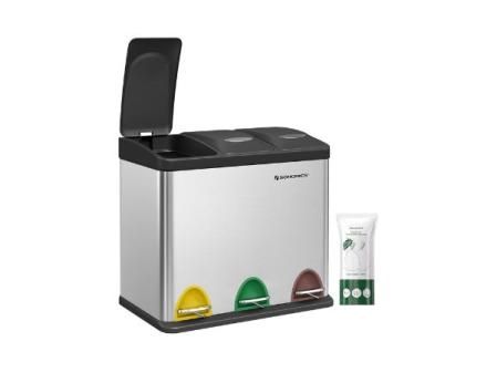 SONGMICS Cubo de Basura de Cocina, Basurero Clasificador 3 x 8 L, Capacidad Pequeña, con Tapas, Triple Cubo de Acero para Familias Pequeñas, Pedales y Cubos, Plata y Negro LTB24L