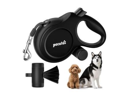 Pecute Correa Perro Extensible 8 Metros, Correa Larga Perro para 15-50 kg, 360° Antienredos,con Bolsas Higiénicas y Portabolsa|Paseo de Perros, Entrenamiento, días de Iluvia, Negro