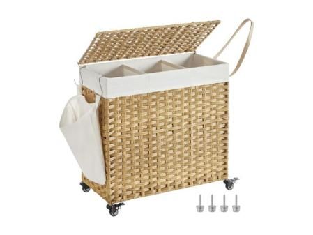 SONGMICS Cesto Ropa Sucia con Tapa, 140 L, Cesta Colada Estilo Ratán con Ruedas, con 3 Compartimentos, Bolsa Interior Extraíble, para Lavandería, Dormitorio, 66 x 33 x 66 cm, Natural LCB363N01