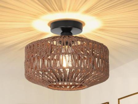 Rayofly Lámpara de Techo de Ratán Marrón Oscuro, Lámpara de Techo Boho con Pantalla de Ratán, Lámpara de Techo Vintage de Bambú, Lámpara de Techo Rústica de Ratán para Salón, Lámpara Boho de Pasillo [Clase de eficiencia energética D]