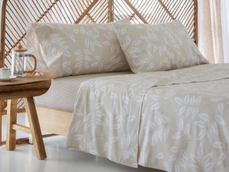 COTTON ARTean Juego de sábanas Cama160x190 / 200 ALGODÓN ORGANICO Beige BATAN 4 piezas: Encimera, 2 Fundas de Almohada, Bajera Ajustable Gots.