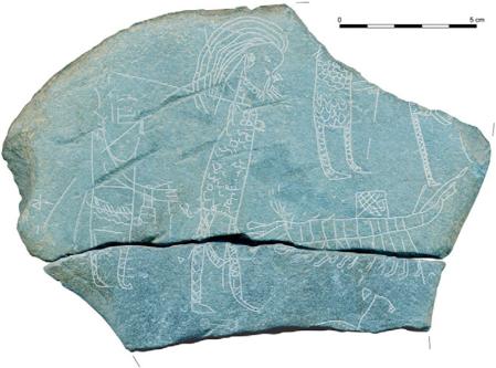 La ‘piedra del rehén’ de Inchmarnock, Escocia, en la que un individuo posiblemente encadenado es conducido a una nave vikinga