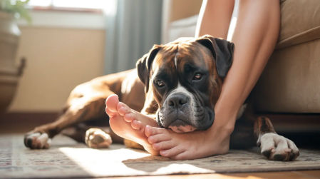 Un perro a punto de quedarse dormido sobre los pies de su dueño