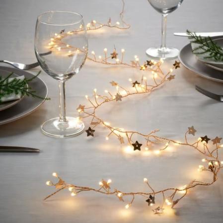 Guirnalda luminosa LED 80 luces, a pilas mini/estrella dorado