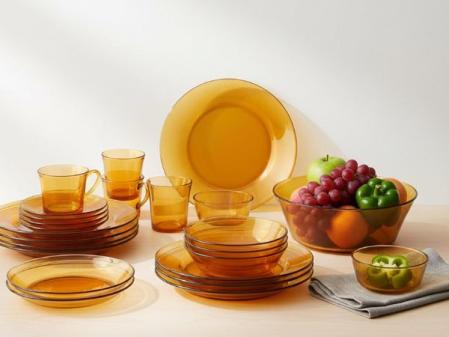 DURALEX | Vajilla 6 Personas 44 Piezas de Vidrio Templado Resistente Elegante y Duradera Color Ámbar - Vajilla Completa de cristal Duralex Apto para Microondas y Lavavajillas