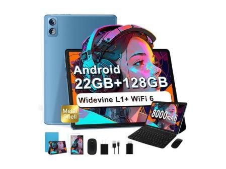 Tablet Android, 22GB RAM + 128GB ROM/TF 2TB, 10 Pulgada, 8000mAh, WiFi 5G, 8 Cores 2.0Ghz, Face ID, Widevine L1, BT5.0, GPS, 5 MP+8 MP, Pantalla Táctil Tableta con Funda Teclado Mouse -Azul