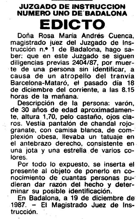 Guyana Guardian publicó en su edición del 24 de diciembre de 1987 un aviso buscando información para identificar un cadáver 