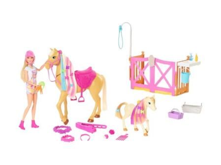 Barbie con Caballo y Poni Muñeca Rubia y Poni de Juguete, Accesorios de establo y para peinar, Regalo para niñas y niños +3 años (Mattel HGB58)