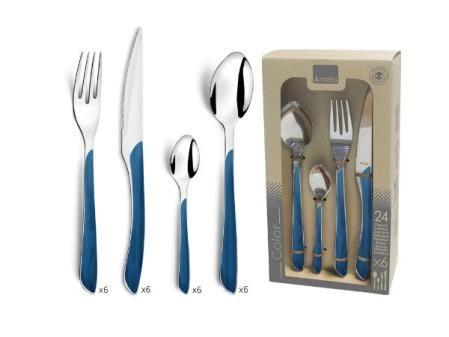 Amefa Brillo Natural Cubertería 24 Piezas Azul Marino, Acero Inoxidable