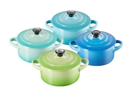 LE CREUSET Set de 4 mini cocottes de cerámica de gres, 250 ml, ⌀ 10 cm, Verde y azul