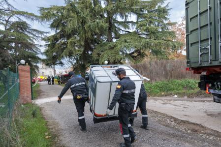 Efectivos de la UME, Agents Rurals y policías concentrados en Torreferrussa efectúan el despliegue de medios en el entorno de Collserola para capturar cadáveres y ejemplares de jabalíes y evitar la propagación de virus fuera del radio de los 6 kilómetros