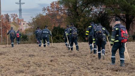 Efectivos de la UME de Aragón desplegados por una zona de Collserola de la población de Cerdanyola del Vallès en la búsqueda de posibles cadáveres de jabalíes&nbsp;