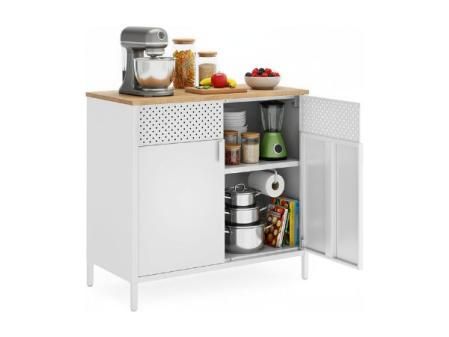 SONGMICS Armario de Almacenamiento, Aparador de Metal, Doble Puerta Magnética, Estante Ajustable, Marco de Acero, 40 x 80 x 76 cm, Beige Natural y Blanco LSC102W57