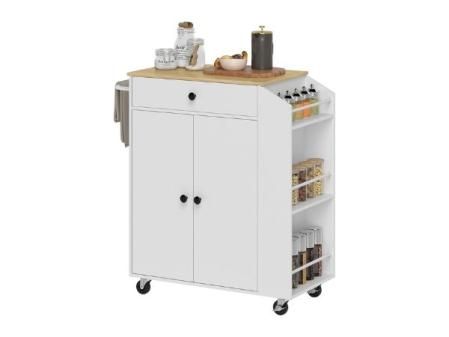 HOMCOM Isla de Cocina con Ruedas Carrito de Cocina Mueble Auxiliar de Cocina con 2 Puertas Cajón Especiero de 3 Niveles Toallero y Estante Ajustable 82x38x86,5 cm Blanco