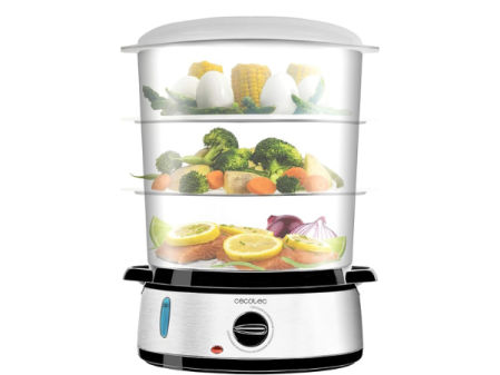 Vaporera eléctrica de 3 niveles con cuenco para arroz y temporizador de 60 minutos.