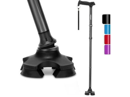 Bastón ergonómico con base de cuatro apoyos, plegable y ajustable en altura, diseñado para ofrecer mayor estabilidad al caminar.