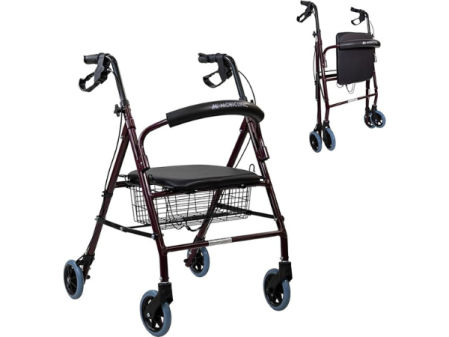 Andador de aluminio con cuatro ruedas, asiento incorporado y cesta, diseñado para facilitar la movilidad y el descanso durante los paseos.