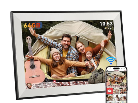 Marco de fotos digital con pantalla grande que muestra imágenes familiares enviadas desde el móvil por Wi-Fi