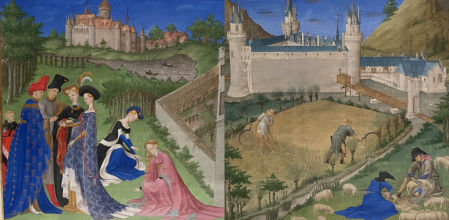 A la izquierda, miniatura del calendario 'La reverdie', correspondiente al mes de abril. A la derecha, la del mes de julio en la que se describen labores del campo