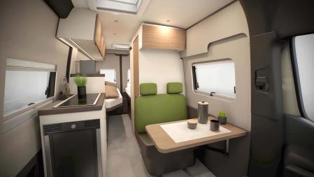 El interior de la autocaravana Burstner Habiton es minimalista y funcional&nbsp;