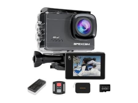 Apexcam M90 cámara Deportiva 4K/64MP con 64G Tarjeta cámara acción EIS con Pantalla táctil WiFi 8X Zoon cámara Sumergible subacuática 40M y Mando a Distancia con Dos 1350*baterías y Otros Accesorios