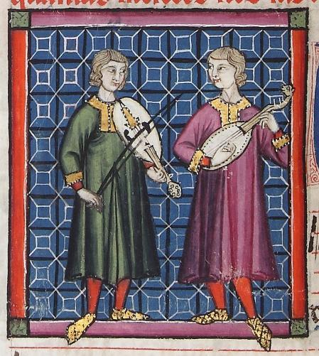 Músicos tocando la vihuela española en las Cantigas de Santa María de Alfonso X de Castilla, siglo XIII