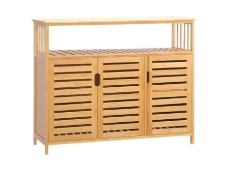 HOMCOM Aparador de 3 Puertas Ranuradas Aparador para Salón de Bambú con Estantes para Comedor Cocina Entrada Natural 100x35x82 cm