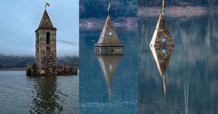 Espectacular el cambio que ha realizado en pocos días el pantano de Sau (Osona): A la izquierda, el día 17 de diciembre; en medio, el 29 de diciembre; y a derecha vemos la imagen del 3 de enero.