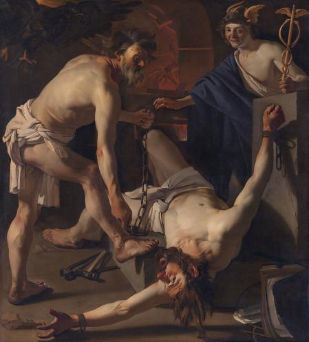 Óleo en lienzo de Dirck van Baburen: Prometeo encadenado por Vulcano (Prometheus door Vulcanus geketend, 1623). Museo Nacional de Ámsterdam.