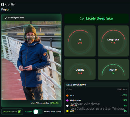 En este retrato que se ha hecho usando la IA con el Honor Magic 8 Pro la herramienta online de análisis forense de imágenes detecta la foto como un Deepfake.
