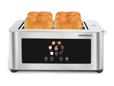 Aigostar Tostadora de 4 Rebanadas, Pantalla Táctil LED, Doble Ranura Larga y Extra Ancha de 4 cm, 6 Niveles de Tostado, Funciones de Recalentar, Descongelar y Parada, Acero Inoxidable, 1400W
