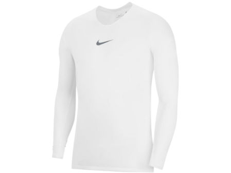 Camiseta térmica blanca de manga larga para hombre, ajustada y de cuello redondo, diseñada como capa base deportiva