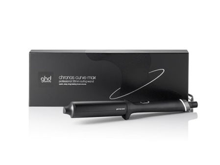 Rizador de pelo ghd Chronos Curve Max negro con su caja original sobre fondo blanco