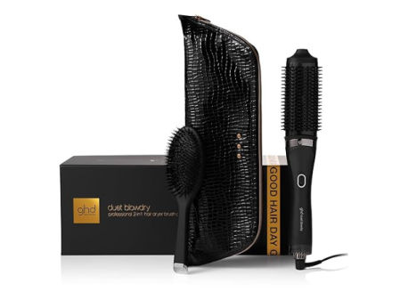Cepillo secador ghd Duet Blowdry negro con accesorios, neceser y caja de presentación sobre fondo blanco